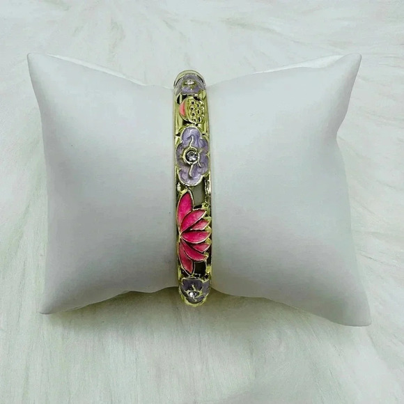 Purple & Pink Flower Enamel Cloisonne Bracelet Bangle - Picture 3 of 8